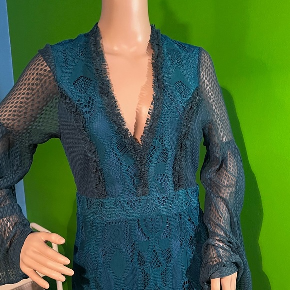 NWT $195 foxiedox | Gloria | Lace Dress with Sheer Arms in Sapphire & Teal Black - Picture 3 of 16